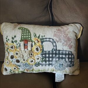 Sunflower/ Gnome and Truck Pillow - Cream and Blue and yellow